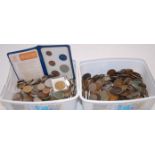 Two boxes of miscellaneous English and world coinage, to include; Britain First Decimal Coin Set,