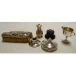A collection of silver wares to include ladies powder compact, trophy cup, peppermill, inkwell,