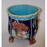 A large Victorian Minton style majolica jardiniere, in typical shades of blue and turquoise,