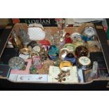 A box of miscellaneous items, to include; Art Deco style ladies glass scent bottle,