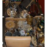 Two boxes of miscellaneous items, to include; silver plated muffin dish, silver plated teapot,