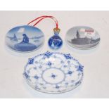 A Royal Copenhagen porcelain pin-tray; one other; a small flask;