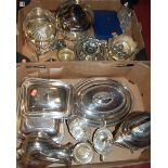 Two boxes of miscellaneous silver plated wares, to include; muffin dish and cover,