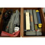 Three boxes of various loose Triang trains and lineside accessories,