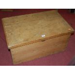 A Victorian pine hinge top tool chest, having brass end carry handles,