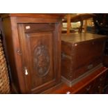 A 19th century oak hinged top tool chest, having iron end carry handles and single lower drawer, w.