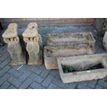 Three reconstituted stoneware garden trough planters;