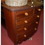 An early Victorian mahogany and flame mahogany bowfront chest of two short over three long drawers,