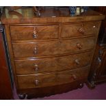 An early Victorian mahogany and flame mahogany bowfront chest of two short over three long drawers,