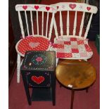 Pair of painted stickback kitchen chairs, beech wood low occasional table,