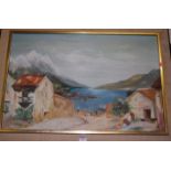 Continental school - lake and snow capped mountain scene, oil on canvas, signed with monogram,