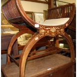 An Edwardian mahogany, satinwood and bone inlaid X-framed music stool,