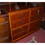 A reproduction yew wood four drawer low office filing chest, w.