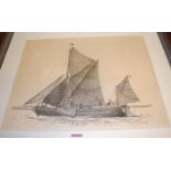 Contemporary ink drawing of a single masted schooner, titled South West, lower right,