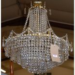 A gilt brass and cut crystal drop glass hanging electrolier, of tent and bag form,