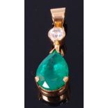 An 18ct gold, emerald and diamond drop pendant,