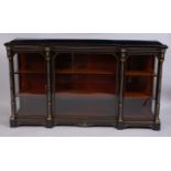A late Victorian inverted breakfront ebonised, bone inlaid, and gilt metal mounted credenza,
