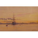 William Lionel Wyllie RA (1851-1931) - Boats at sunset on the estuary, watercolour,