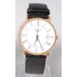 A gents Longines 18ct gold cased wristwatch, having signed white dial, Roman numerals,