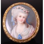 19th century English school - Bust portrait of a maiden, miniature watercolour on ivory, 6 x 5.