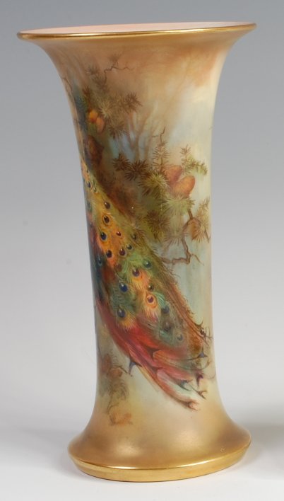 A Royal Worcester porcelain vase, decorated by Walter Sedgley with peacocks upon a pine branch, - Image 2 of 5