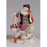 A Meissen porcelain figure of a seated Harlequin holding a hare beside a recumbent hound,