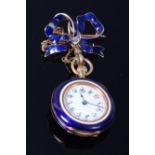 A ladies 18ct gold cased and guilloche enamelled fob watch,
