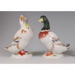 A Meissen porcelain figure of a mallard drake, decorated in enamels, on circular base, No.