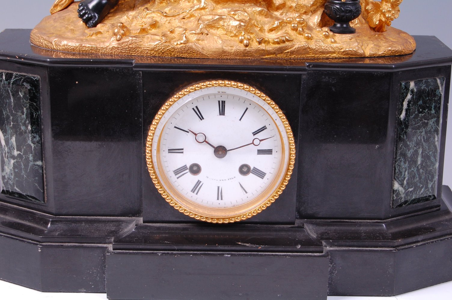A late 19th century French gilt and patinated bronze black slate mantel clock, - Image 2 of 6