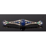 A platinum, sapphire, emerald and diamond set bar brooch, early 20th century,