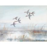 Roland Green (1896-1972) - Mallard ducks in flight over the marshes, watercolour,