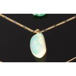 A polished opal pendant, weighing approx 15ct, on 14ct gold finelink neck chain, pendent h.