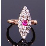 An Art Deco 18ct yellow gold, ruby and diamond tablet ring,