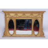 A 19th century gilt pine triptych overmantel mirror, having applied swag and bow decoration,