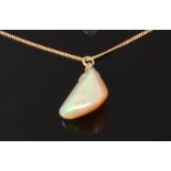 A polished opal pendant, weighing approx 11ct, on 14ct gold finelink neck chain, pendent h.