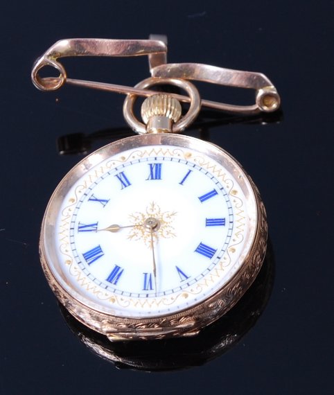 A continental ladies 14ct gold cased open face pocket watch,