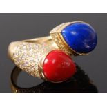 An 18ct gold, coral, lapis lazuli and diamond set dress ring after Kutchinsky,