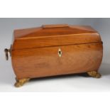 A Regency rosewood and boxwood inlaid tea caddy, of sarcophagus form,