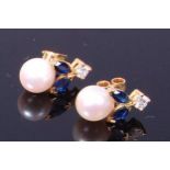 A pair of Mappin & Webb 18ct gold, cultured pearl, sapphire and diamond set ear studs, 3.