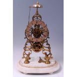 A late Victorian brass skeleton clock under glass dome, having silvered dial,