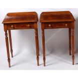 A pair of flame mahogany and crossbanded ledgeback single drawer side tables,
