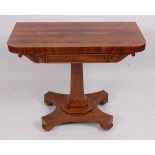 A Victorian rosewood card table, the D-shaped fold-over top revealing baize lined playing surface,