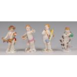 A set of four Meissen putti figures, emblematic of the Four Seasons, each scantily clad,