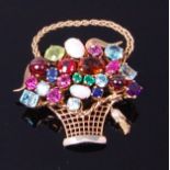 A 9ct gold multi-gem set basket brooch, set with opals, topaz, aquamarine, amethyst, garnet,