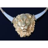 A Jocelyn Burton 18ct gold, diamond and cabochon emerald set lion mask necklace,