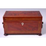 *A George III mahogany rosewood crossbanded and satinwood strung tea caddy, of rectangular form,