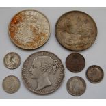 Mixed lot of British and foreign coins, to include; 1844 Victoria crown,