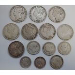 Great Britain, 14 various Victoria silver coins, to include; 1875, 1883 and 1886 half crowns,