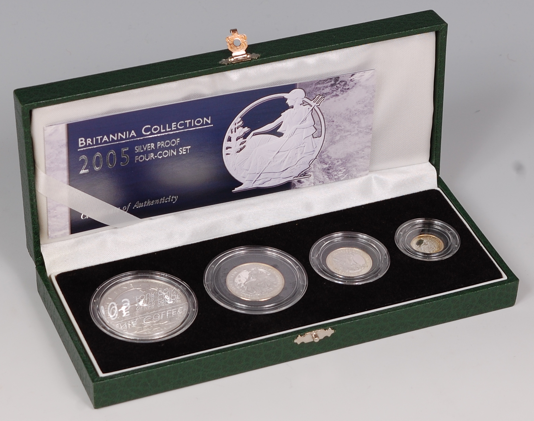 Great Britain, cased 2005 Britannia silver proof 4-coin set, comprising two pound, one pound,