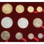 Great Britain, 1887 jubilee eleven-coin currency set, gold five pound, two pound,